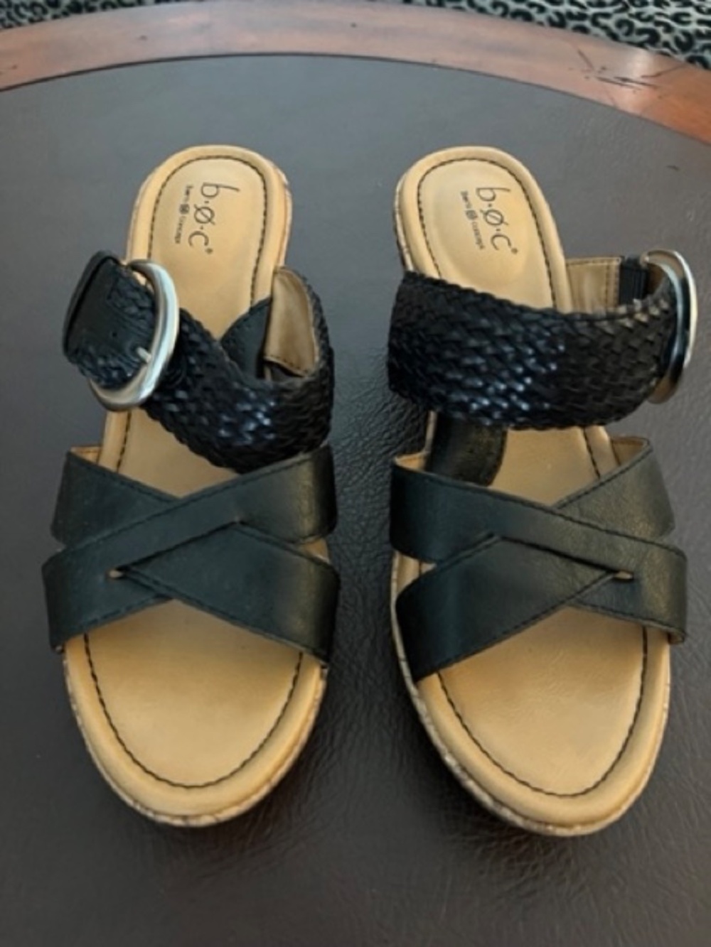 b.o.c. Born Concept Cork Wedge Black Strappy Buckle Sandals sz8 - Picture 2 of 5
